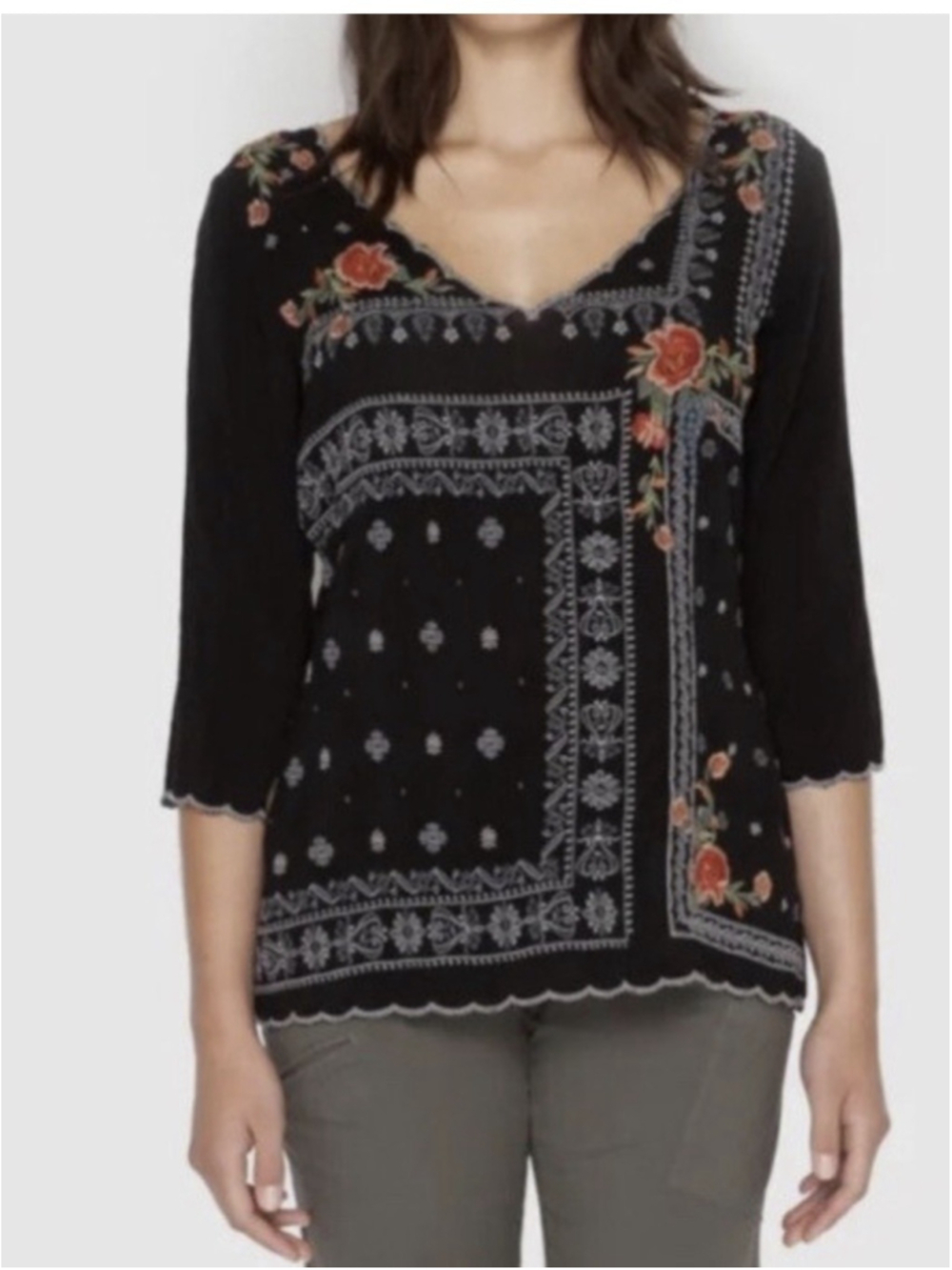 Johnny Was Bennett Top Blouse XL Black Embroidered Roses —- Style: NMC84620